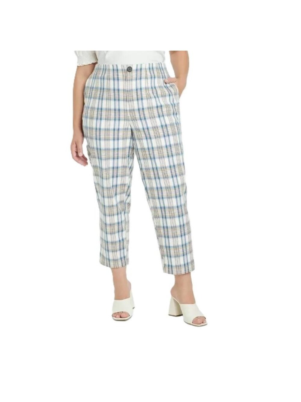 Women's Casual Dress Ankle Pants Size 16W Ava & Viv Cream Blue Plaid High Rise